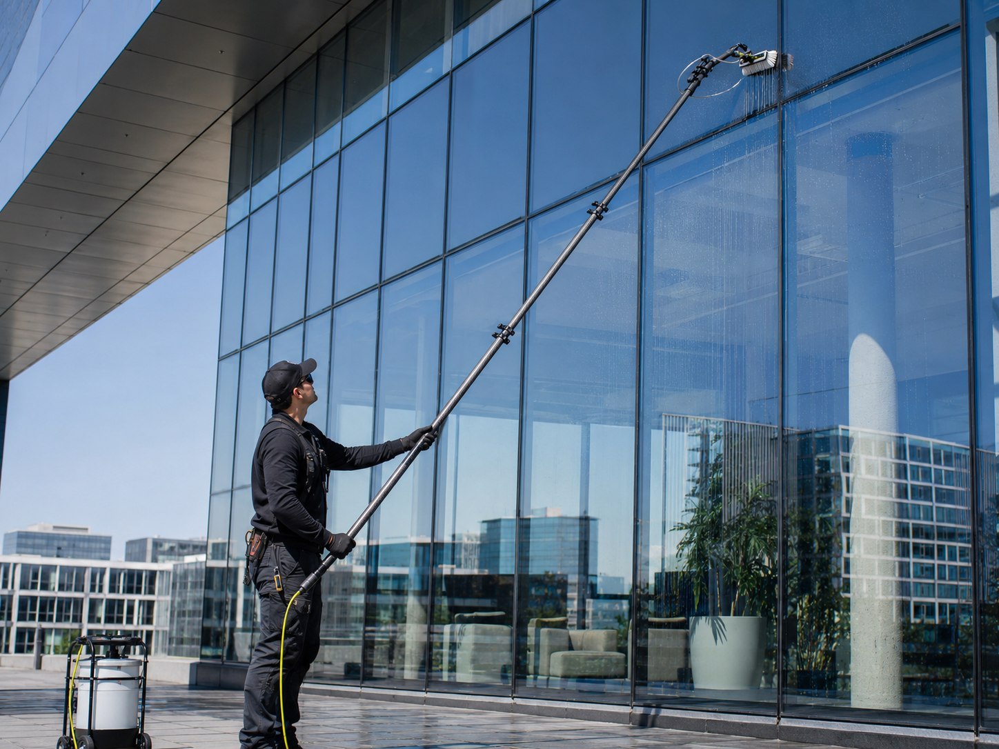 Ionic rentvannssystem ved moderne glassfasade